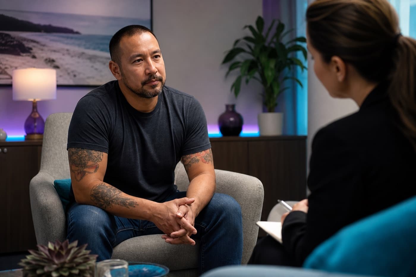Veteran in a discreet San Diego clinic setting for drug-free Deep TMS depression treatment