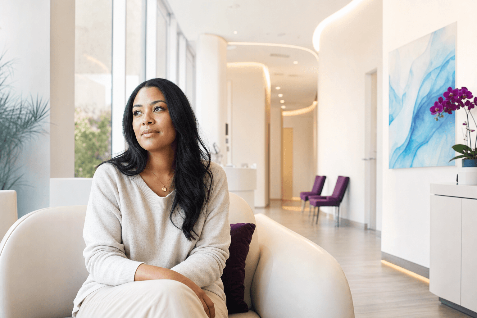 Adult in a calm premium clinic setting, representing hopeful recovery from anxious depression