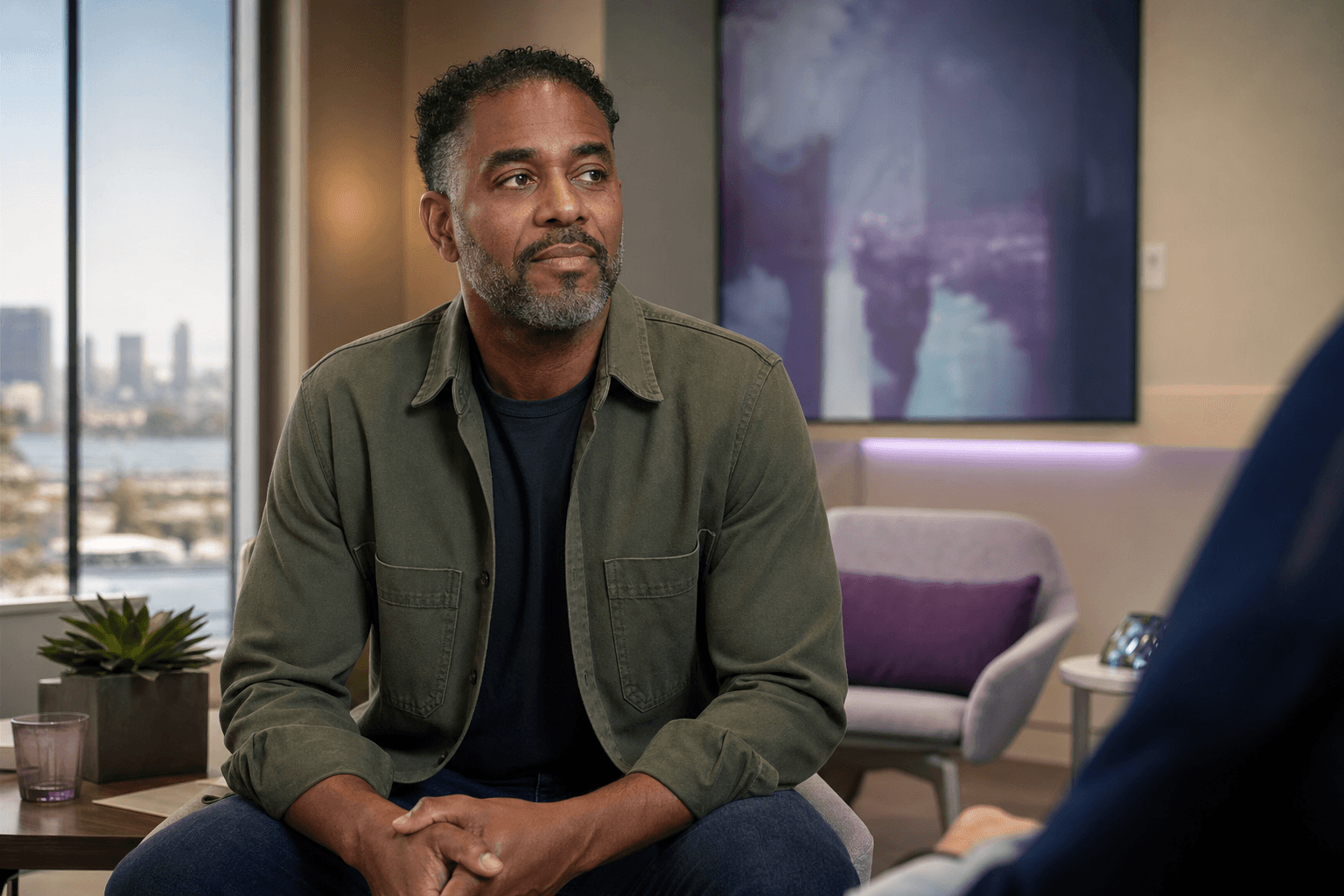 Veteran in a discreet premium San Diego clinic, representing hope during depression recovery