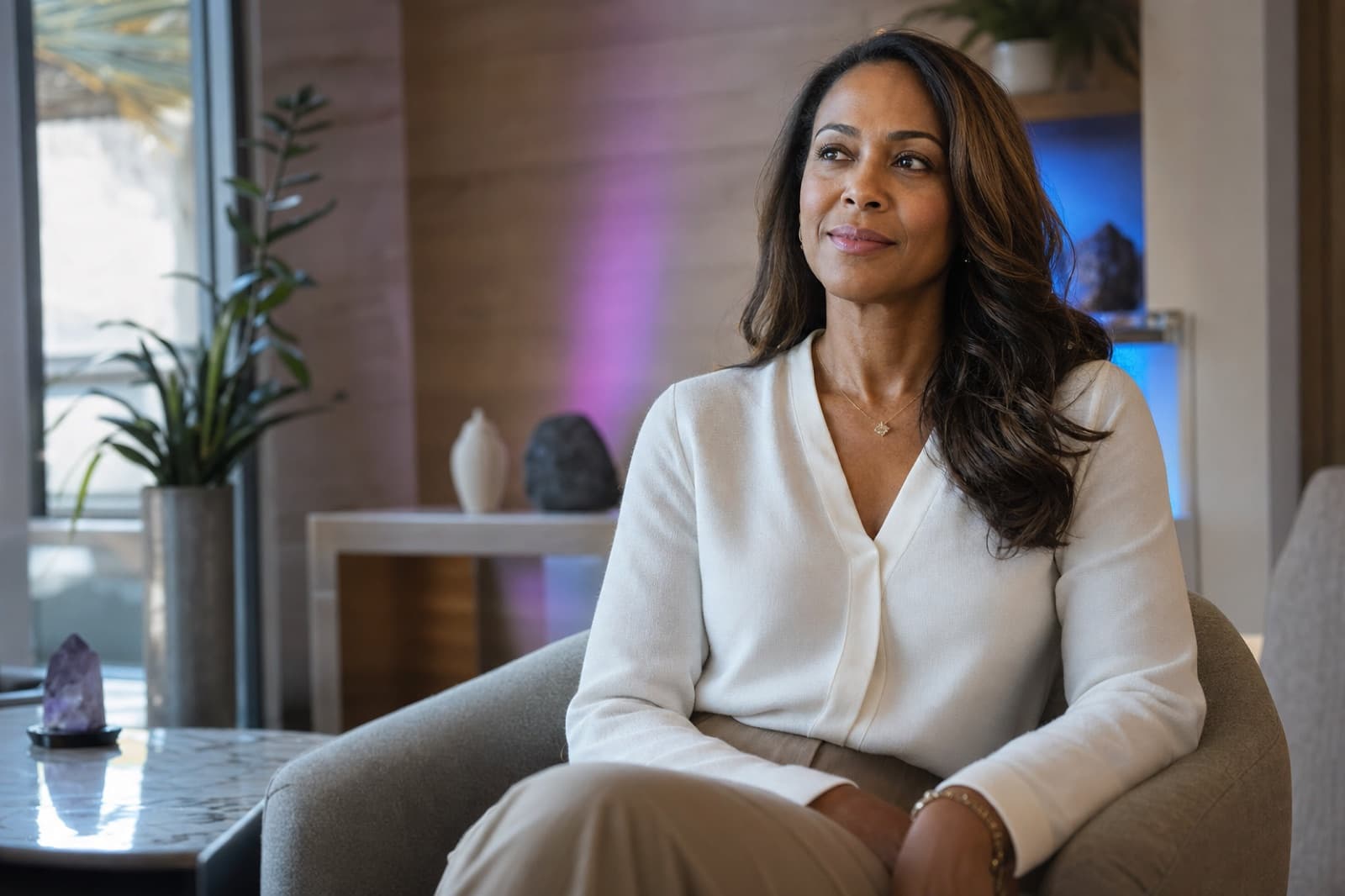 A patient considering private self-pay care in an upscale clinic lounge