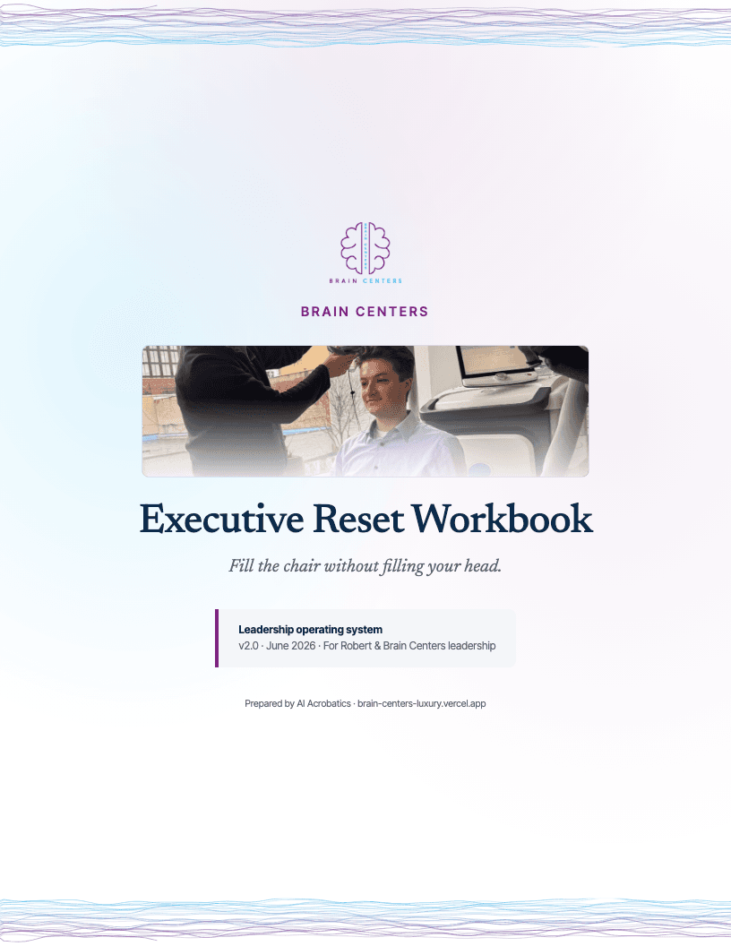 Workbook cover — Brain Centers Executive Reset Workbook with logo, treatment imagery, and EEG wave accents
